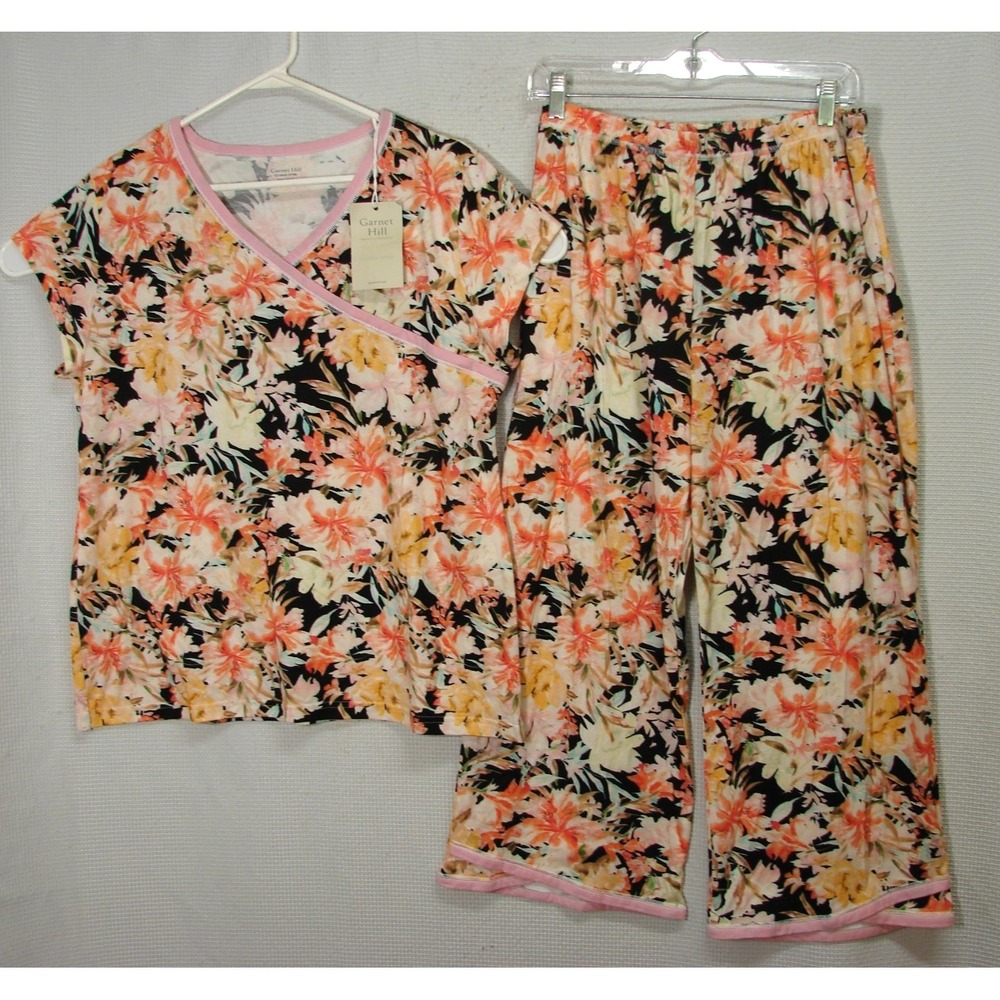 New Garnet Hill Asian Wrap Organic Cotton Pajama Set Dark Floral PJ's Size L
